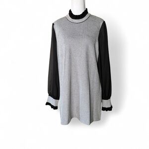 Ming Wang Textured Knit Tunic Top XL – Black Chiffon Sleeves, Ruffle Mock Neck